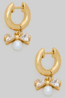 Mini Brass Hoops With Cz Bow And Pearl