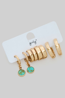 Four Piece Hoop Set With Dangling Stone Charm