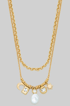 Layered Stone Pave Crescent Charm Multi Necklace