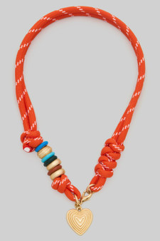 Cord Necklace With Beaded Discs And Heart Pendant