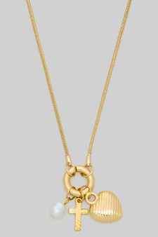Heart Cross And Pearl Charm Necklace
