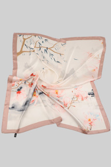 Silky Square Scarf With Flowers And Mountains