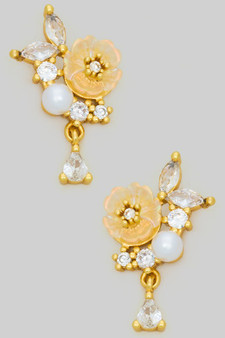 Flower Cz Pearl Post Earrings