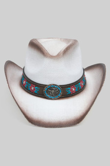 Straw Cowboy Hat Rhinestone Flower W Steer Concho