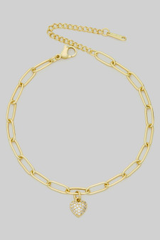 Stainless Steel Cz Heart Charm Clip Chain Anklet