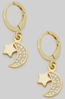 Dainty Brass Huggies With Cz Moon And Star Charms