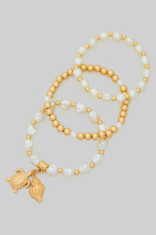 Three Piece Turtle Shell Pearl Stretch Bracelets