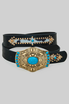 Turquoise Buckle Western Theme Cowhide Pattern Bel