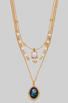 Triple Layered Pearl And Floral Portrait Necklace