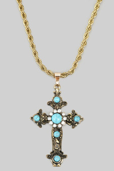 Turquoise Stone Cross Pendant Rope Chain Necklace