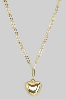 Paper Clip Chain Necklace With Puff Heart Pendant