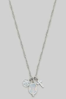 Oval Stone Cz Cross Three Charm Necklace