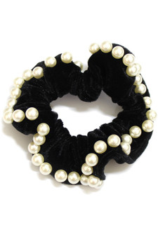 Velvety Hair Scrunchie With Pearl Accents