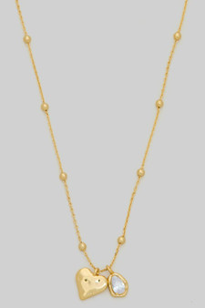 Hammered Heart And Cz Charm Ball Chain Necklace