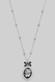 Dainty Bow And Rose Oval Pendant Necklace