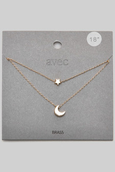 Layered Moon And Star Pendant Brass Necklace