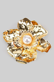 Textured Metal Flower Brooch With Pearl