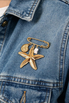 Stainless Steel Brooch Pin Starfish And Pearl Char