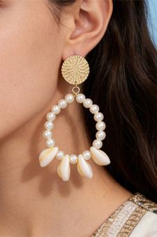 Hammered Post Pearl Hoop And Cowrie Shell Earrings