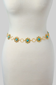 Flower Link Chain Belt With Turquoise Stones