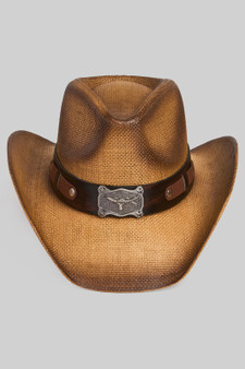 Vintage Straw Cowboy Hat With Longhorn Steer Plate
