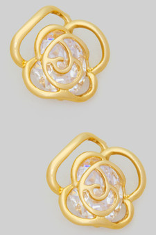 Classy Brass Rose Post Earrings With Cz Stone