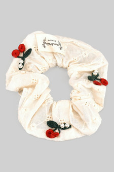Embroidered Cherry With Pearl Hair Scrunchie