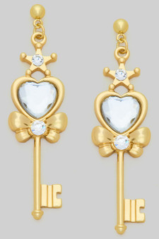 Brass Key Drop Earrings With Stone Detail