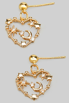 Brass Ball Studs With Cz Moon And Star Heart