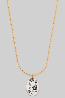 Enamel Hummingbird Flower Oval Pendant Necklace