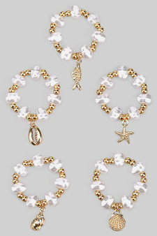 Five Piece Fwp Shell Charm Stretch Ring Set