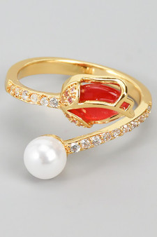 Stone Tulip Twist Ring With Cz And Pearl