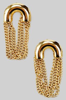 Stainless Steel Curved Post Earrings With Chain Dangle