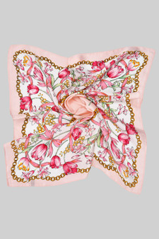 Pink Flower And Chain Print Silky Square Scarf