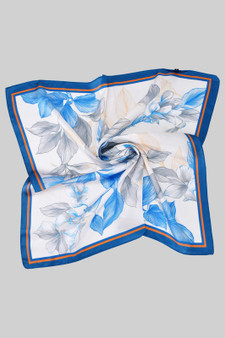 Blue Motif Flower Print Silky Square Scarf
