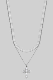 Double Layered Chain Necklace With Pearl Bubble Cross