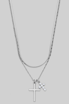Double Layered Chain Necklace With Cz Cross Pendants