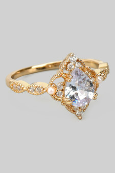 Elegant Filigree Cz Stone And Pave Brass Ring