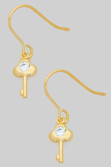 Dainty Brass Key With Cz Stone Fish Hook Earrings