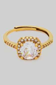Adjustable Cz Round Stone Ring With Square Pave Halo