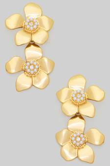 Tiered Brass Flower Drop Earrings With Pearl And Cz