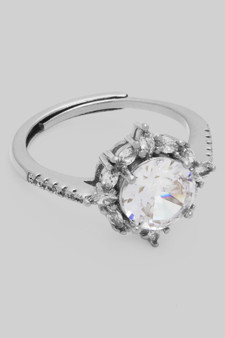 Adjustable Cz Round Stone Ring With Halo And Pave