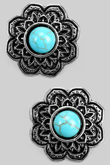 Turquoise Stone Lotus Flower Post Earrings