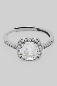 Adjustable Cz Round Stone Ring With Square Pave Halo
