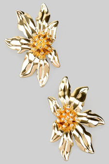 Gold Half Flower Post Drop Earrings
