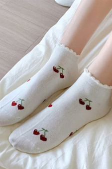 Ruffled Heart Cherry Print Ankle Socks