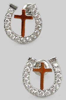 Cz Pave Horseshoe Studs With Cross Charm