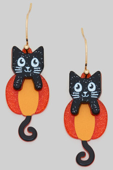 Glittery Acrylic Black Cat Pumpkin Drop Earrings
