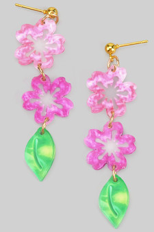 Acrylic Flower And Leaf Tiered Drop Earrings