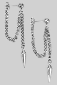 Round Post Earrings With Dangling Chain And Spike